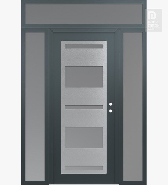 Modern Steel Front Door Diamond C10 60" x 96" anthracite/anthracite frosted Glass Panel stainless steel LHI with 2 Sidelites and Transom frosted Glass