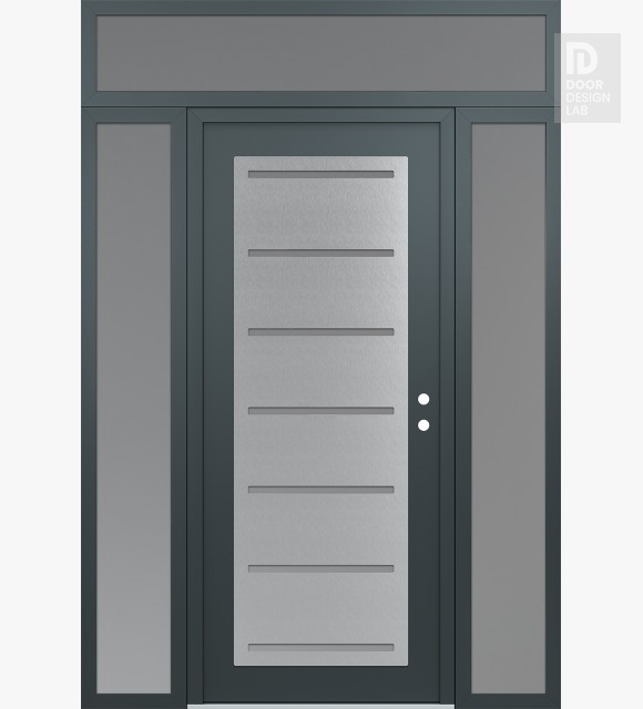 Modern Steel Front Door Diamond C11 68" x 96" anthracite/anthracite frosted Glass Panel stainless steel LHI with 2 Sidelites and Transom frosted Glass