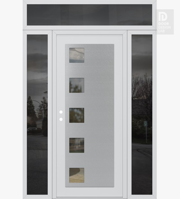 Modern Steel Front Door Diamond C5 64" x 96" white/white clear Glass Panel stainless steel RHI with 2 Sidelites and Transom mirrored Glass