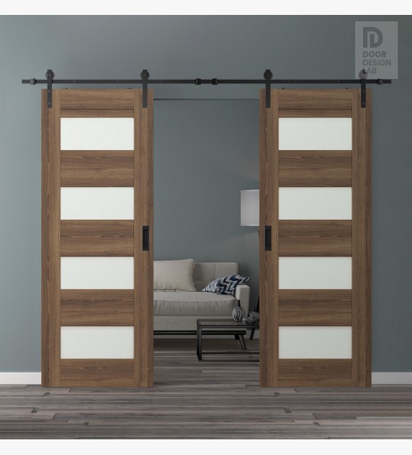 DOUBLE BARN DOOR AVON 07-08 VETRO PECAN NUTWOOD 72" X 84" X 1 3/4" BLACK HARDWARE