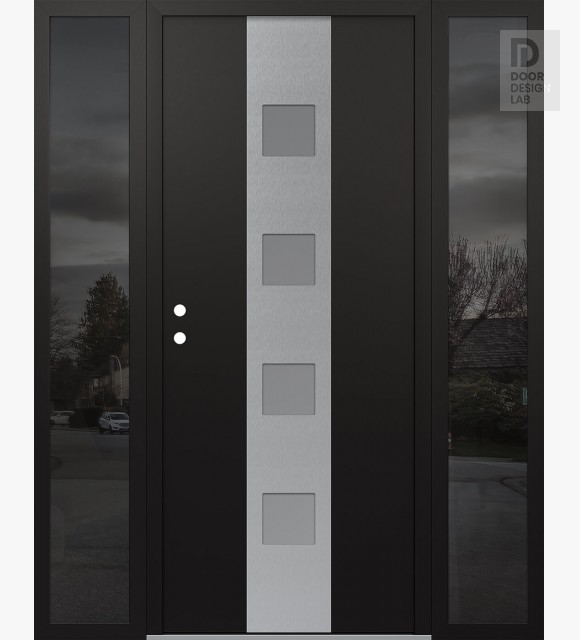 Modern Steel Front Door DIAMOND A12 60" X 80" BLACK/WHITE FROSTED GLASS PANEL STAINLESS STEEL RHI WITH 2 SIDELITES MIRRORED GLASS