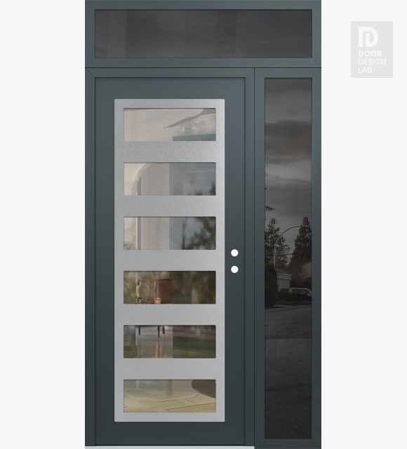 Modern Steel Front Door Diamond C9 48" x 96" anthracite/anthracite clear Glass Panel stainless steel LHI with Sidelite and Transom mirrored Glass