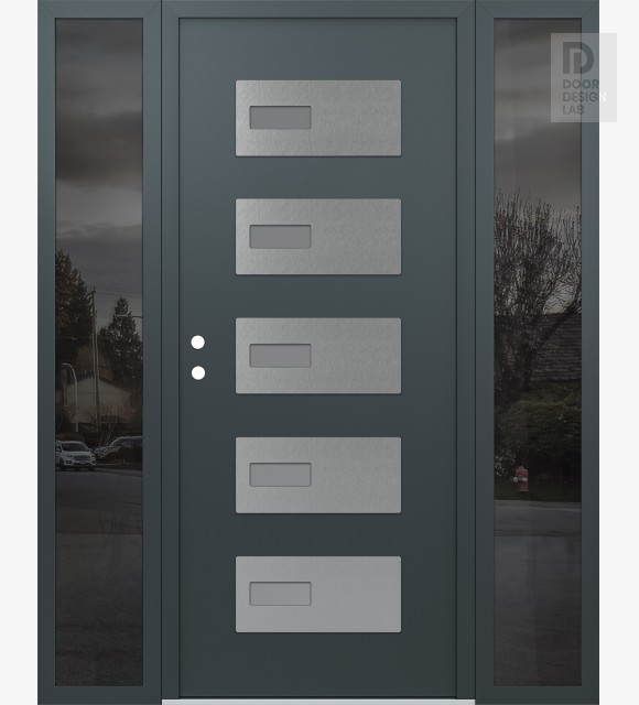 Modern Steel Front Door Diamond D7 60" x 80" anthracite/anthracite frosted Glass Panel stainless steel RHI with 2 Sidelites mirrored Glass