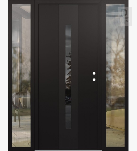 Modern Steel Front Door DIAMOND A2 68" X 80" BLACK/BLACK MIRRORED GLASS PANEL BLACK LHI WITH 2 SIDELITES CLEAR GLASS