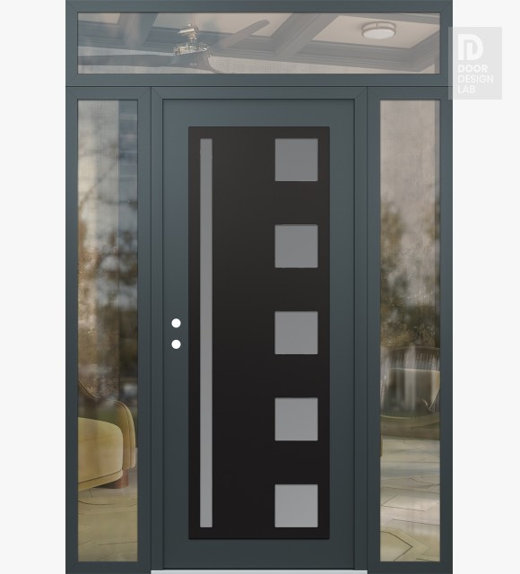 Modern Steel Front Door Diamond C3 68" x 96" anthracite/anthracite frosted Glass Panel black RHI with 2 Sidelites and Transom clear Glass