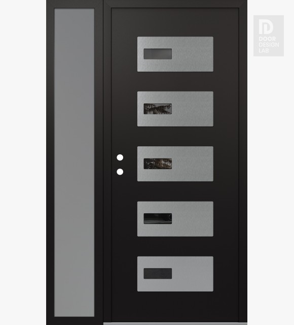 Modern Steel Front Door Diamond D7 48" x 80" black/black mirrored Glass Panel stainless steel RHI with Sidelite frosted Glass