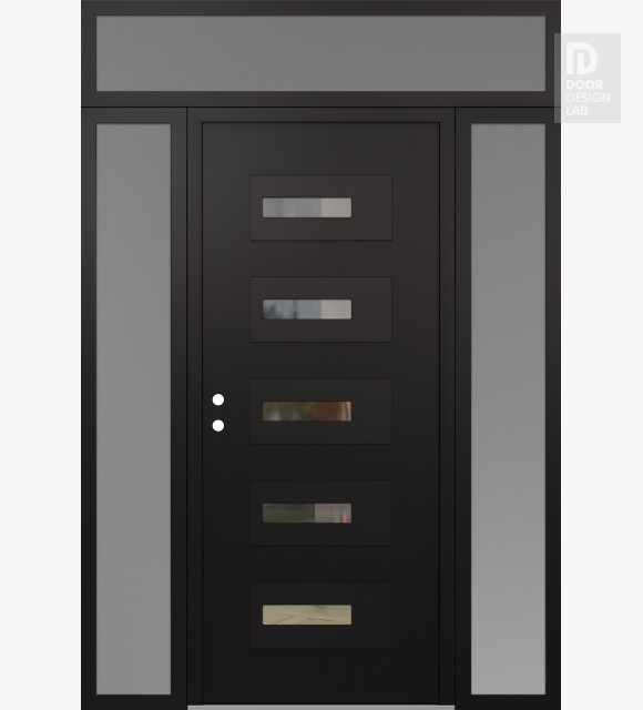 Modern Steel Front Door Diamond D6 60" x 96" black/black clear Glass Panel black RHI with 2 Sidelites and Transom frosted Glass