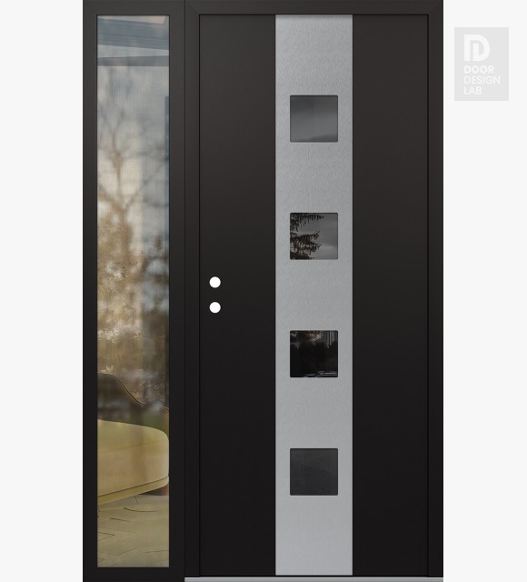 Modern Steel Front Door DIAMOND A12 48" X 80" BLACK/BLACK MIRRORED GLASS PANEL STAINLESS STEEL RHI WITH SIDELITE CLEAR GLASS