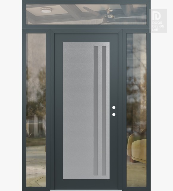 Modern Steel Front Door Diamond C6 60" x 96" anthracite/anthracite frosted Glass Panel stainless steel LHI with 2 Sidelites and Transom clear Glass