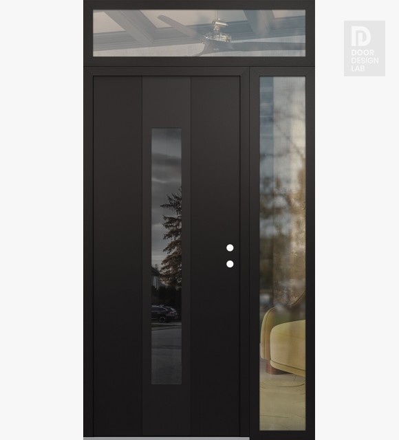 Modern Steel Front Door DIAMOND A1 48" X 96" BLACK/BLACK MIRRORED GLASS PANEL BLACK LHI WITH SIDELITE AND TRANSOM CLEAR GLASS