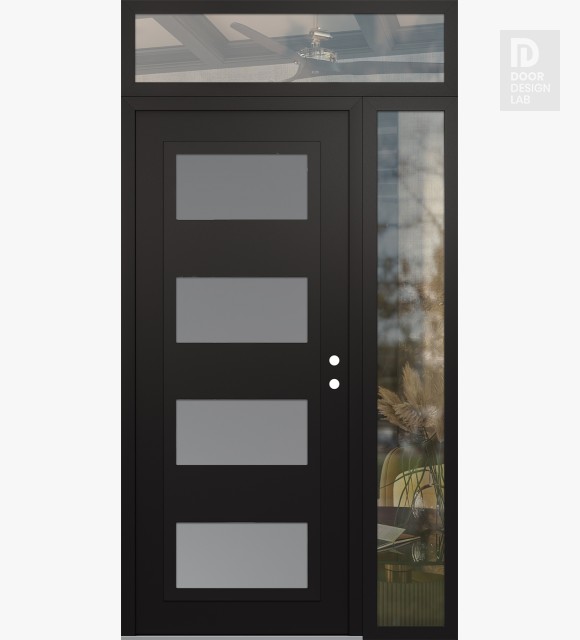Modern Steel Front Door Diamond C2 52" x 96" black/white frosted Glass Panel black LHI with Sidelite and Transom clear Glass