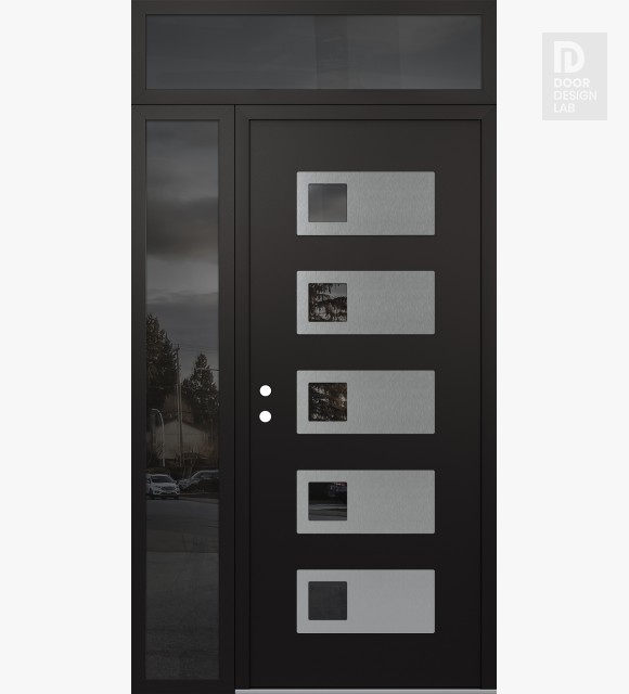 Modern Steel Front Door Diamond D2 48" x 96" black/black mirrored Glass Panel stainless steel RHI with Sidelite and Transom mirrored Glass
