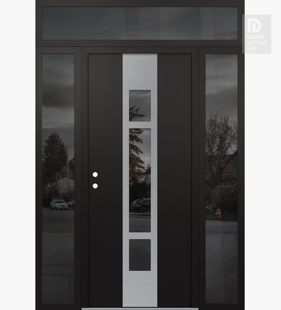 Modern Steel Front Door DIAMOND A9 68" X 96" BLACK/BLACK MIRRORED GLASS PANEL STAINLESS STEEL RHI WITH 2 SIDELITES AND TRANSOM MIRRORED GLASS