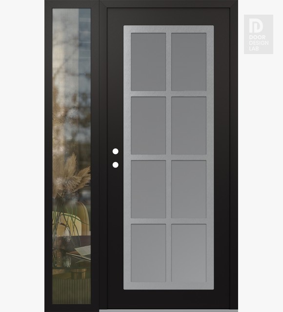 Modern Steel Front Door Diamond C16 50" x 80" black/white frosted Glass Panel stainless steel RHI with Sidelite clear Glass