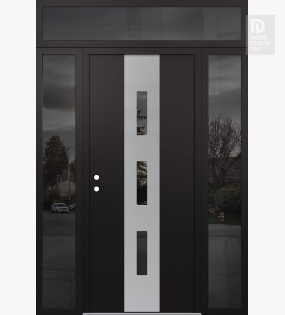 Modern Steel Front Door DIAMOND A7 68" X 96" BLACK/BLACK MIRRORED GLASS PANEL STAINLESS STEEL RHI WITH 2 SIDELITES AND TRANSOM MIRRORED GLASS