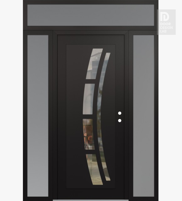 Modern Steel Front Door Diamond C12 64" x 96" black/black clear Glass Panel black LHI with 2 Sidelites and Transom frosted Glass