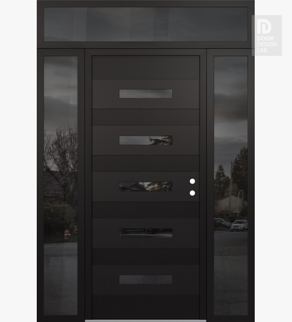 Modern Steel Front Door Diamond D9 60" x 96" black/black mirrored Glass Panel black LHI with 2 Sidelites and Transom mirrored Glass