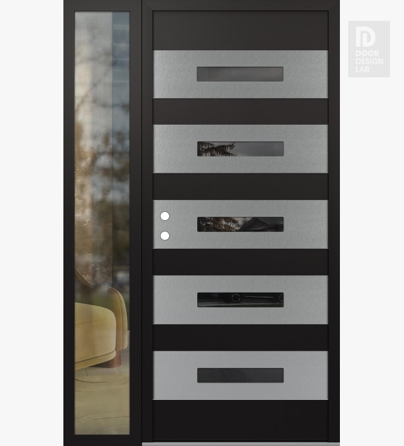 Modern Steel Front Door Diamond D9 48" x 80" black/black mirrored Glass Panel stainless steel RHI with Sidelite clear Glass