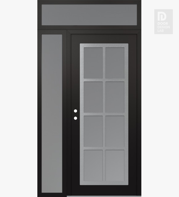 Modern Steel Front Door Diamond C16 50" x 96" black/white frosted Glass Panel stainless steel RHI with Sidelite and Transom frosted Glass