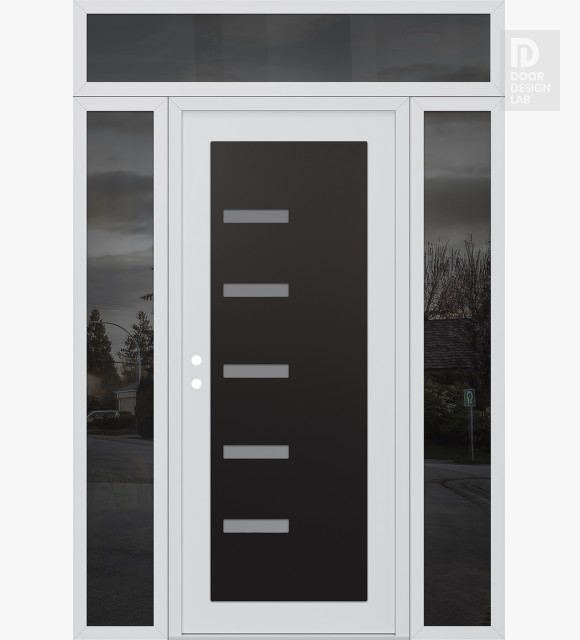 Modern Steel Front Door Diamond C8 68" x 96" white/white frosted Glass Panel black RHI with 2 Sidelites and Transom mirrored Glass