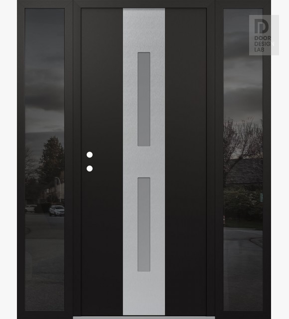 Modern Steel Front Door DIAMOND A6 64" X 80" BLACK/WHITE FROSTED GLASS PANEL STAINLESS STEEL RHI WITH 2 SIDELITES MIRRORED GLASS