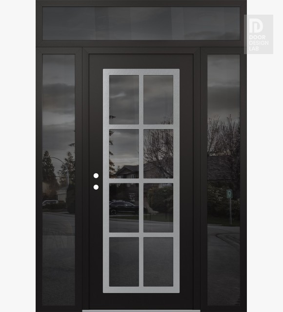 Modern Steel Front Door Diamond C16 68" x 96" black/black mirrored Glass Panel stainless steel RHI with 2 Sidelites and Transom mirrored Glass