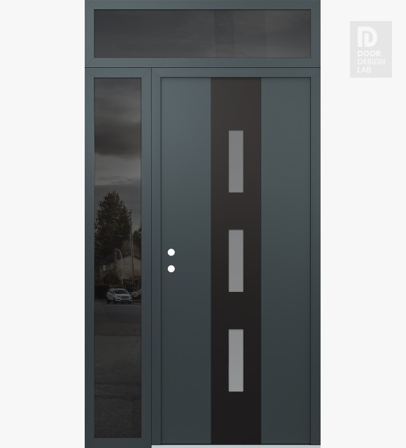 Modern Steel Front Door DIAMOND A7 50" X 96" ANTHRACITE/ANTHRACITE FROSTED GLASS PANEL BLACK RHI WITH SIDELITE AND TRANSOM MIRRORED GLASS