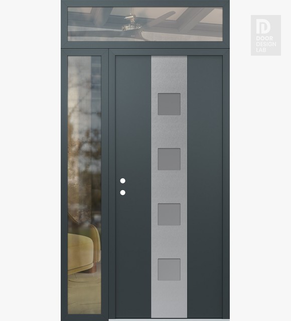 Modern Steel Front Door DIAMOND A12 52" X 96" ANTHRACITE/ANTHRACITE FROSTED GLASS PANEL STAINLESS STEEL RHI WITH SIDELITE AND TRANSOM CLEAR GLASS