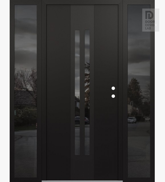 Modern Steel Front Door DIAMOND A8 68" X 80" BLACK/BLACK MIRRORED GLASS PANEL BLACK LHI WITH 2 SIDELITES MIRRORED GLASS