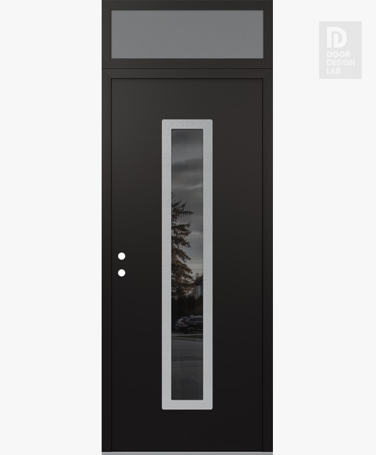 Modern Steel Front Door DIAMOND A11 36" X 96" BLACK/BLACK MIRRORED GLASS PANEL STAINLESS STEEL RHI WITH TRANSOM FROSTED GLASS