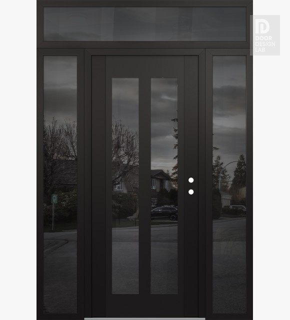Modern Steel Front Door Diamond C14 64" x 96" black/black mirrored Glass Panel black LHI with 2 Sidelites and Transom mirrored Glass