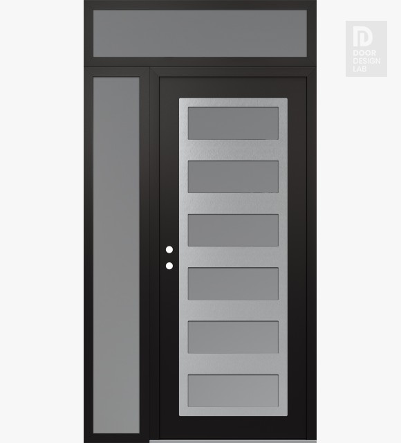 Modern Steel Front Door Diamond C9 50" x 96" black/white frosted Glass Panel stainless steel RHI with Sidelite and Transom frosted Glass