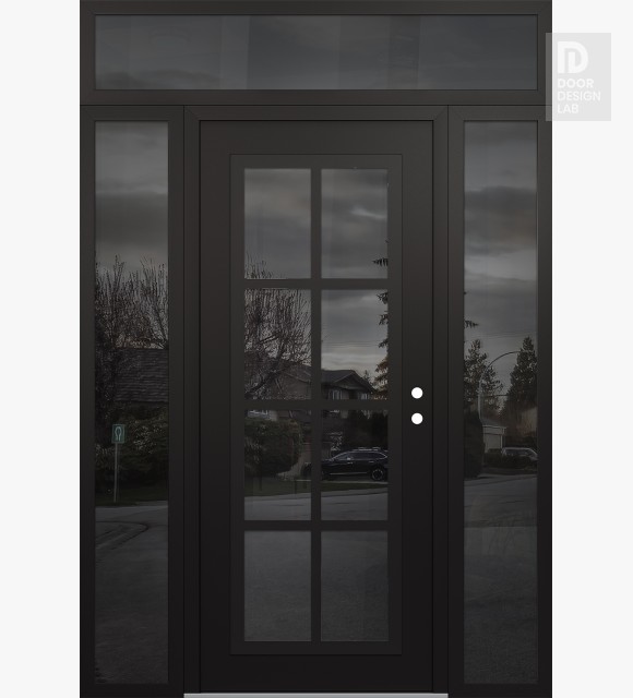 Modern Steel Front Door Diamond C16 68" x 96" black/black mirrored Glass Panel black LHI with 2 Sidelites and Transom mirrored Glass