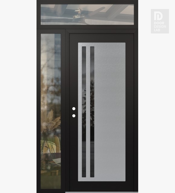 Modern Steel Front Door Diamond C6 50" x 96" black/black mirrored Glass Panel stainless steel RHI with Sidelite and Transom clear Glass