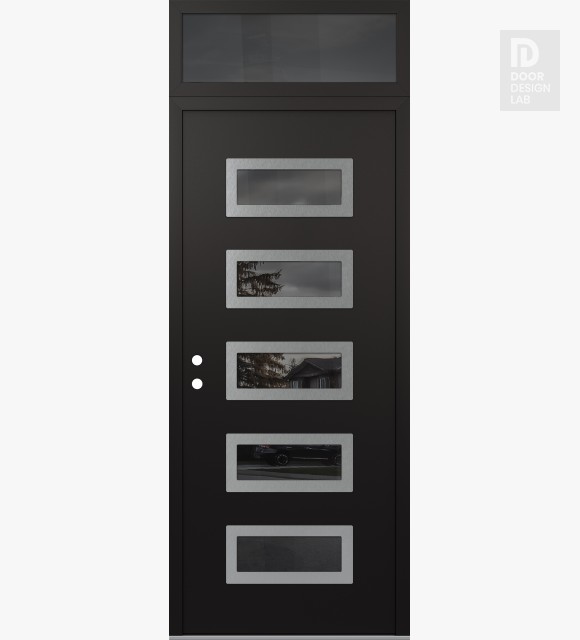 Modern Steel Front Door Diamond D1 36" x 96" black/black mirrored Glass Panel stainless steel RHI with Transom mirrored Glass