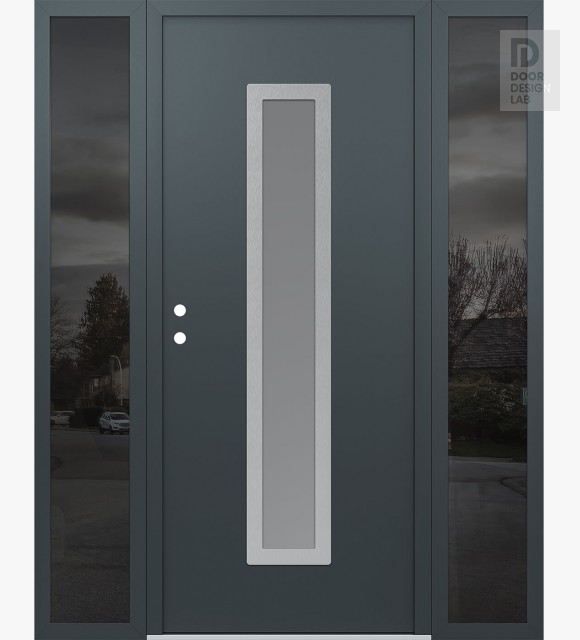 Modern Steel Front Door DIAMOND A11 60" X 80" ANTHRACITE/ANTHRACITE FROSTED GLASS PANEL STAINLESS STEEL RHI WITH 2 SIDELITES MIRRORED GLASS