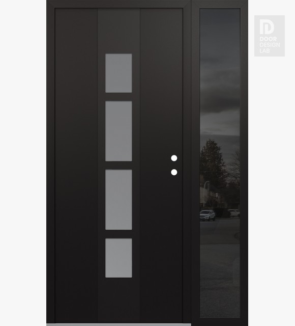 Modern Steel Front Door DIAMOND A10 48" X 80" BLACK/WHITE FROSTED GLASS PANEL BLACK LHI WITH SIDELITE MIRRORED GLASS