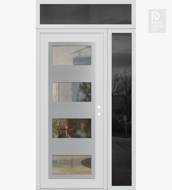 Modern Steel Front Door Diamond C2 48" x 96" white/white clear Glass Panel stainless steel LHI with Sidelite and Transom mirrored Glass