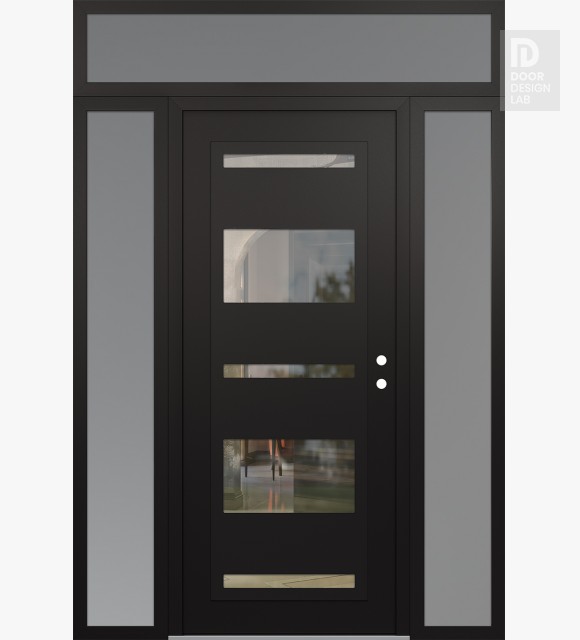 Modern Steel Front Door Diamond C10 64" x 96" black/black clear Glass Panel black LHI with 2 Sidelites and Transom frosted Glass