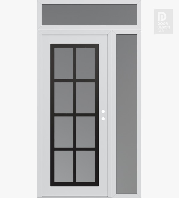 Modern Steel Front Door Diamond C16 50" x 96" white/white frosted Glass Panel black LHI with Sidelite and Transom frosted Glass