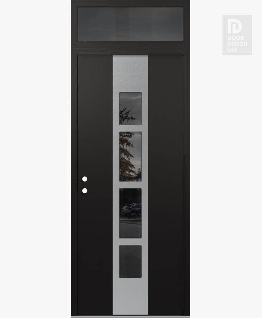 Modern Steel Front Door DIAMOND A10 36" X 96" BLACK/BLACK MIRRORED GLASS PANEL STAINLESS STEEL RHI WITH TRANSOM MIRRORED GLASS