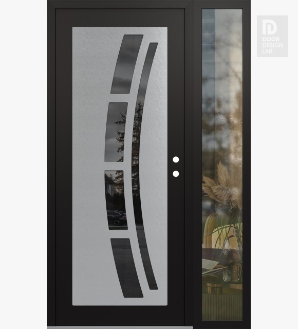 Modern Steel Front Door Diamond C12 52" x 80" black/black mirrored Glass Panel stainless steel LHI with Sidelite clear Glass