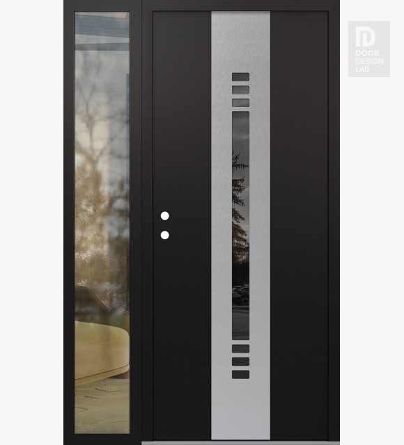 Modern Steel Front Door DIAMOND A5 48" X 80" BLACK/BLACK MIRRORED GLASS PANEL STAINLESS STEEL RHI WITH SIDELITE CLEAR GLASS