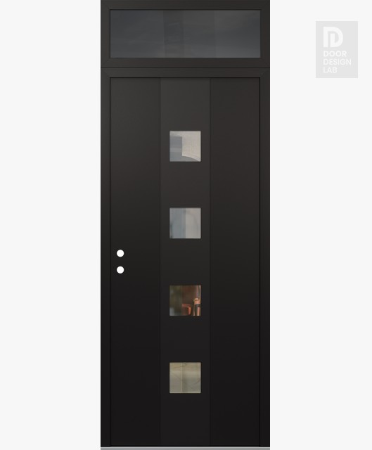 Modern Steel Front Door DIAMOND A12 36" X 96" BLACK/BLACK CLEAR GLASS PANEL BLACK RHI WITH TRANSOM MIRRORED GLASS