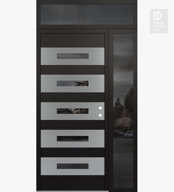 Modern Steel Front Door Diamond D9 48" x 96" black/black mirrored Glass Panel stainless steel LHI with Sidelite and Transom mirrored Glass