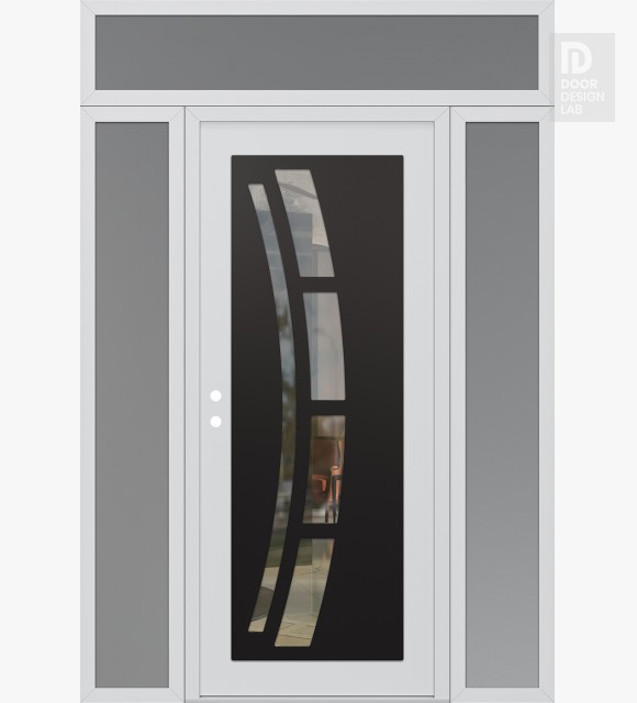 Modern Steel Front Door Diamond C12 64" x 96" white/white clear Glass Panel black RHI with 2 Sidelites and Transom frosted Glass