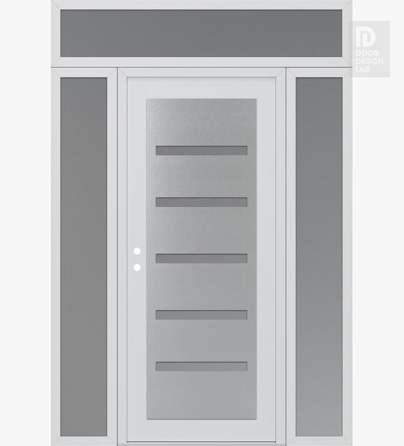 Modern Steel Front Door Diamond C7 64" x 96" white/white frosted Glass Panel stainless steel RHI with 2 Sidelites and Transom frosted Glass