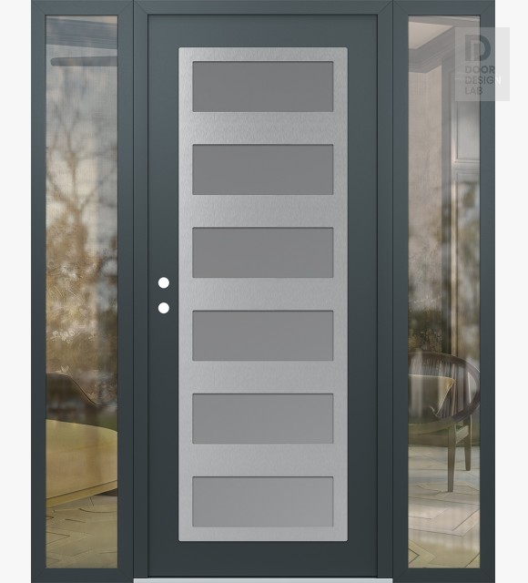 Modern Steel Front Door Diamond C9 64" x 80" anthracite/anthracite frosted Glass Panel stainless steel RHI with 2 Sidelites clear Glass
