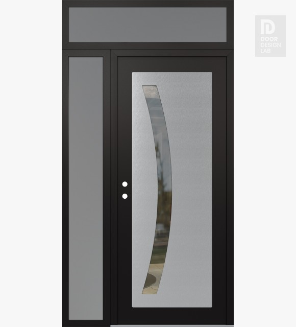 Modern Steel Front Door Diamond C4 48" x 96" black/black clear Glass Panel stainless steel RHI with Sidelite and Transom frosted Glass