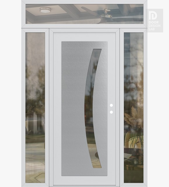 Modern Steel Front Door Diamond C4 68" x 96" white/white clear Glass Panel stainless steel LHI with 2 Sidelites and Transom clear Glass